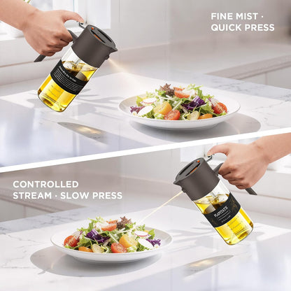 2Pcs 17oz Premium Olive Oil Sprayer for Cooking, 2 in 1 Glass Olive Oil Dispenser Bottle for Kitchen Gadgets, Spray Bottle with Portion Control for Salad, Frying, BBQ (2 Black)