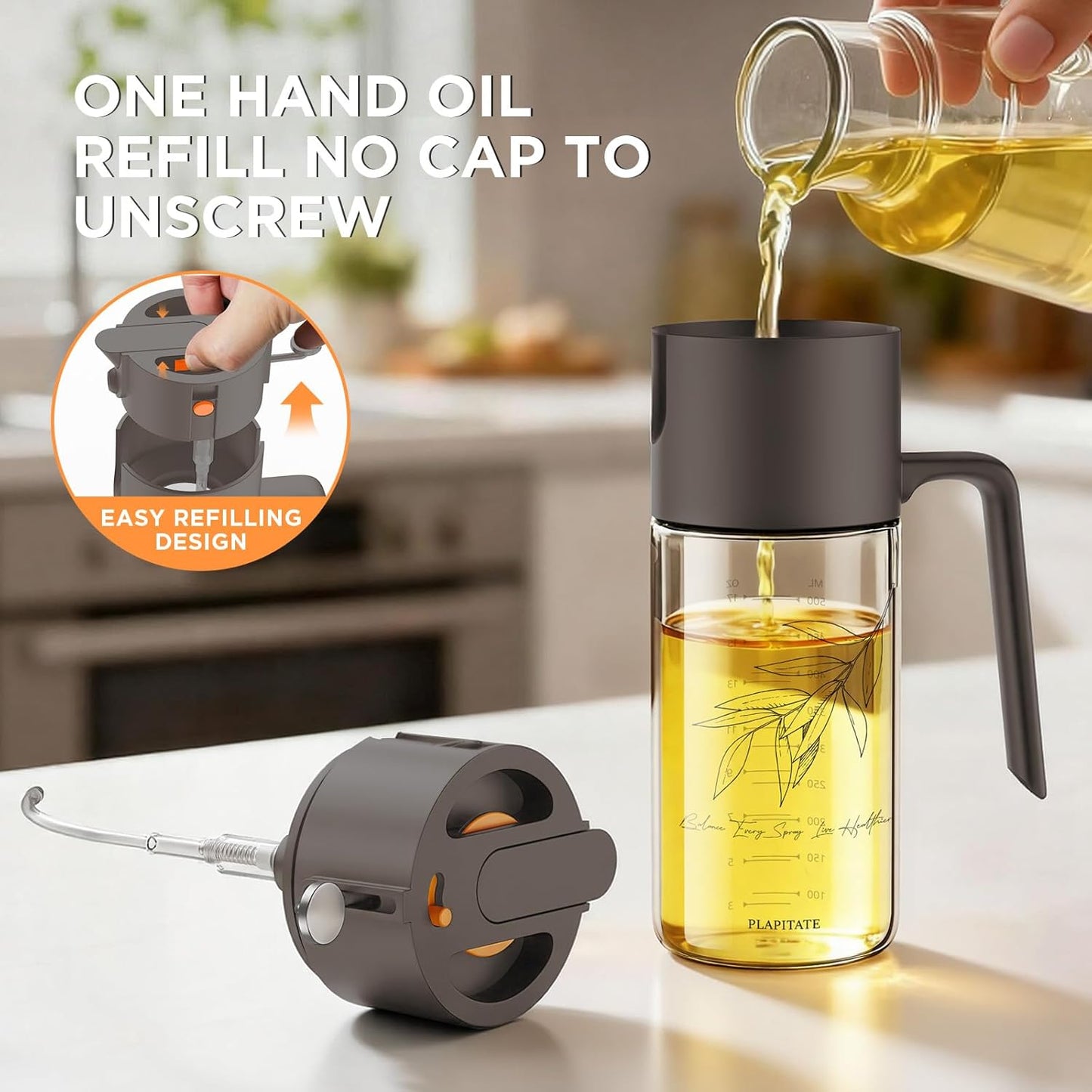 2Pcs 17oz Premium Olive Oil Sprayer for Cooking, 2 in 1 Glass Olive Oil Dispenser Bottle for Kitchen Gadgets, Spray Bottle with Portion Control for Salad, Frying, BBQ (2 Black)