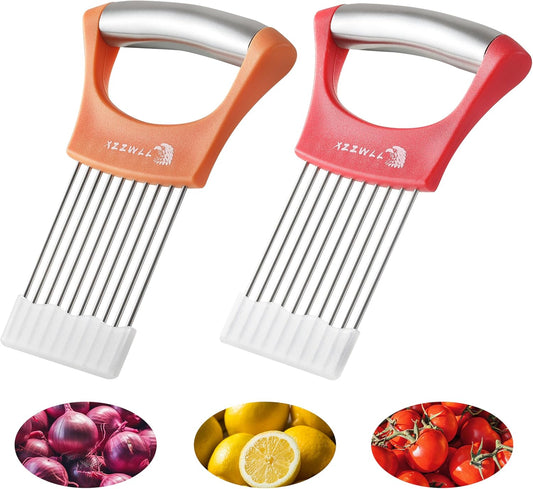 2PCS Onion Slicer Holder, Stainless Steel Onion Cutter for Slicing and Storage Onions, Tomato, Eggs and Vegetables, Protective Cover Included, Dishwasher Safe (Stylish Orange+ Red Color)