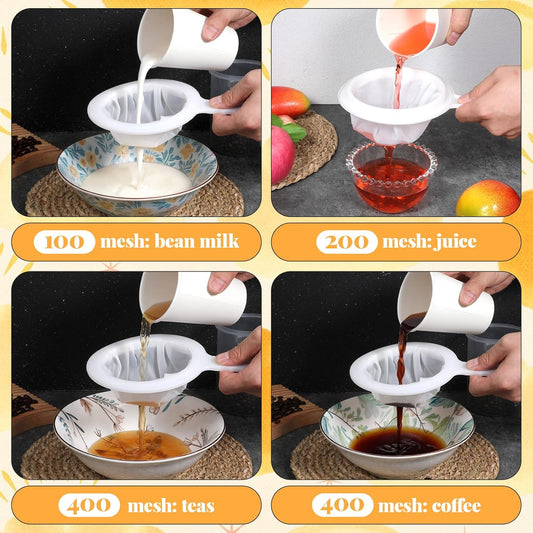 4 Pcs Kitchen Ultra-Fine Nylon Mesh Strainer(100/200/400) Brine Shrimp Net Sieve Fish Net Aquarium Sieve Reusable Food Grade Fine Filter Plastic Mesh Colander with Handle for Soy Milk Coffee