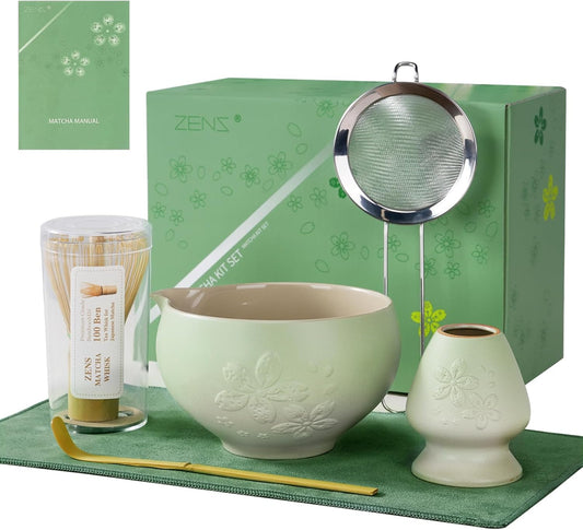 ZENS Premium Matcha Whisk Set, 6pcs Matcha Kit for Matcha Latte, Green | Ceramic Matcha Set Icludes Ceramic Bowl, Bamboo Whisk, Chasen Holder, Scoop, 304 Sifter & Tea Mat, Japanese Tea Ceremony