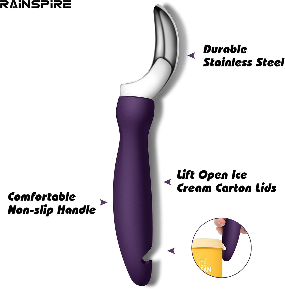 Ice Cream Scoop Stainless Steel with Comfortable Handle, Ice Cream Scooper Heavy Duty, Ice Cream Spade Great for Spooning Frozen Hard Gelato and Sorbet, Cookie Dough, Melon, Purple