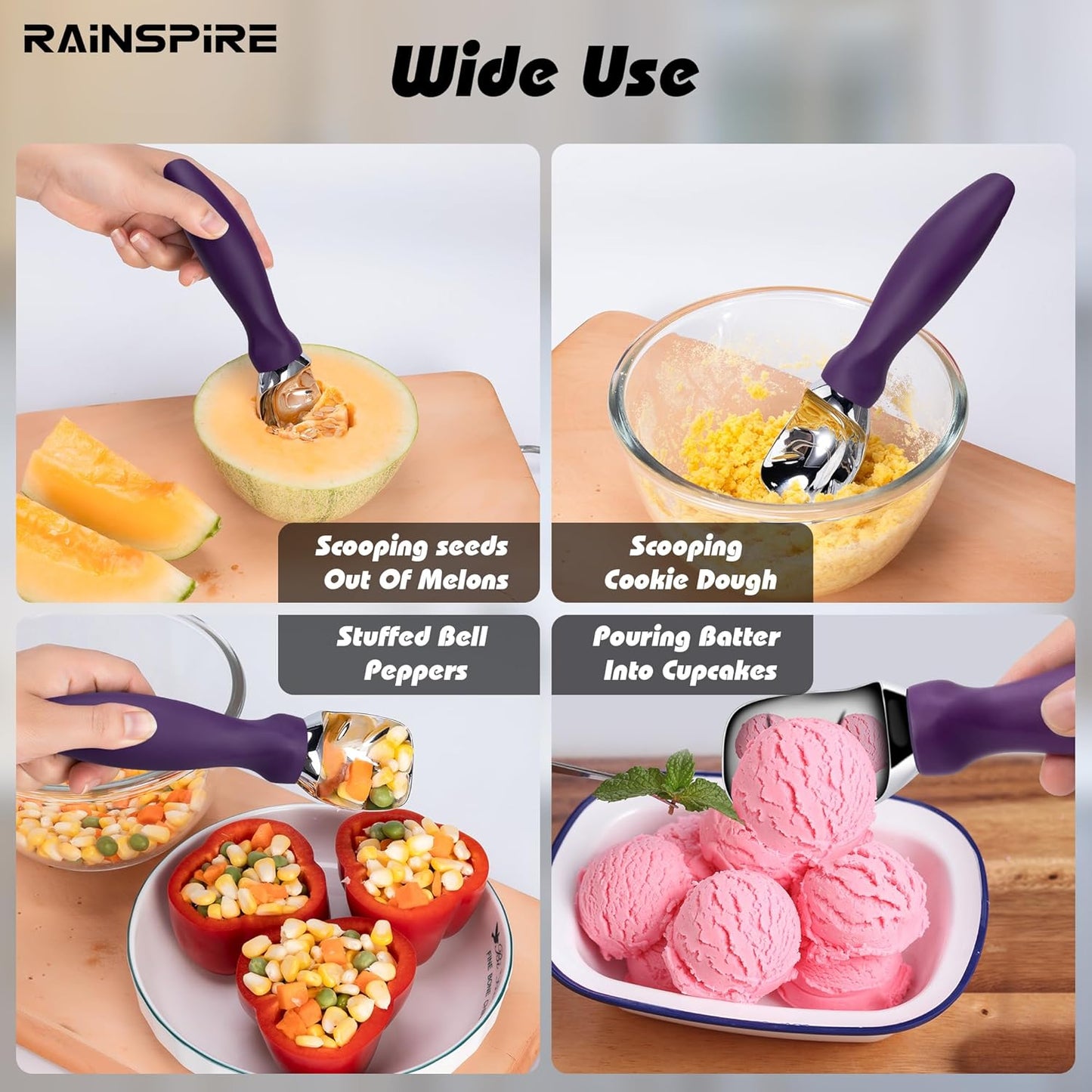 Ice Cream Scoop Stainless Steel with Comfortable Handle, Ice Cream Scooper Heavy Duty, Ice Cream Spade Great for Spooning Frozen Hard Gelato and Sorbet, Cookie Dough, Melon, Purple