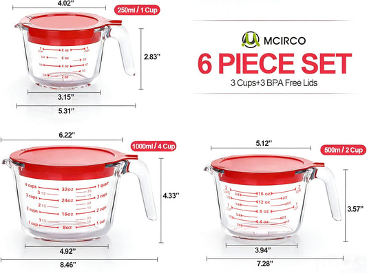 6 Pcs Glass Measuring Cups with Lids Set, 1-Cup, 2-Cup, 4-Cup Measuring Jugs with Handle, Nesting Liquid Measuring Cups for Kitchen