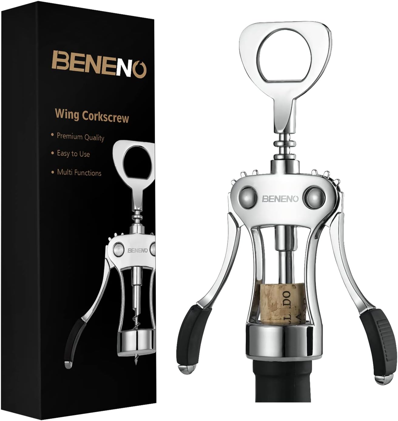 Premium Classic Wing Corkscrew Wine Opener and Bottle Opener, Silver | Durable Solid Zinc Alloy Body, Upgraded Precise Sharp-Edged Screw, Ergonomic Wing Handle with Non-Slip Grip, Multifunctional