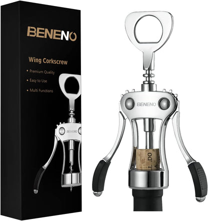 Premium Classic Wing Corkscrew Wine Opener and Bottle Opener, Silver | Durable Solid Zinc Alloy Body, Upgraded Precise Sharp-Edged Screw, Ergonomic Wing Handle with Non-Slip Grip, Multifunctional