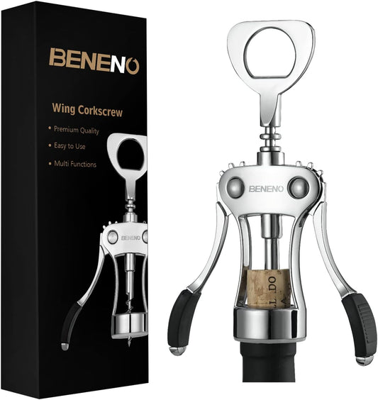 Premium Classic Wing Corkscrew Wine Opener and Bottle Opener, Silver | Durable Solid Zinc Alloy Body, Upgraded Precise Sharp-Edged Screw, Ergonomic Wing Handle with Non-Slip Grip, Multifunctional