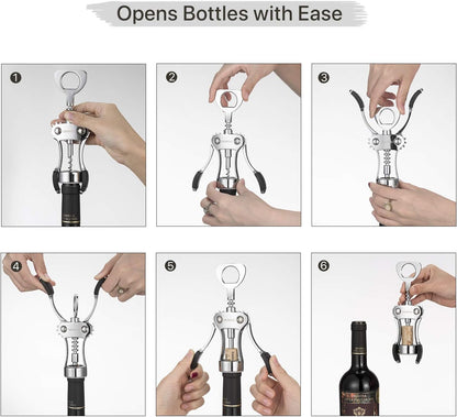 Premium Classic Wing Corkscrew Wine Opener and Bottle Opener, Silver | Durable Solid Zinc Alloy Body, Upgraded Precise Sharp-Edged Screw, Ergonomic Wing Handle with Non-Slip Grip, Multifunctional
