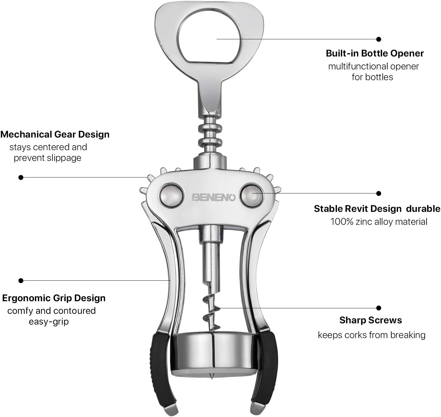 Premium Classic Wing Corkscrew Wine Opener and Bottle Opener, Silver | Durable Solid Zinc Alloy Body, Upgraded Precise Sharp-Edged Screw, Ergonomic Wing Handle with Non-Slip Grip, Multifunctional