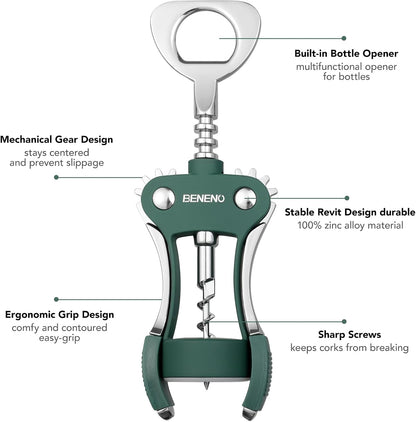 Premium Classic Wing Corkscrew Wine Opener and Bottle Opener, Silver | Durable Solid Zinc Alloy Body, Upgraded Precise Sharp-Edged Screw, Ergonomic Wing Handle with Non-Slip Grip, Multifunctional