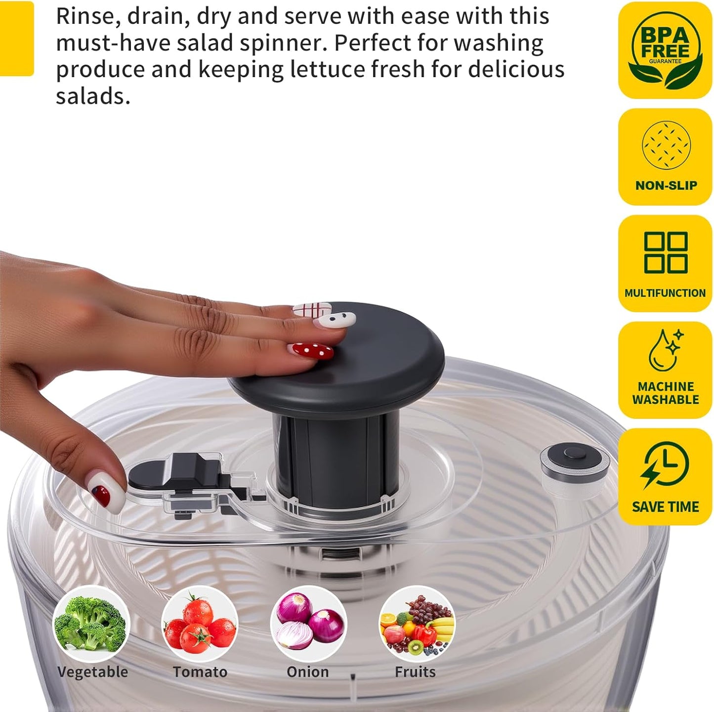 Salad Spinner Large, Fruit Washing Bowl with Strainer, Quick and Easy Use Lettuce Spinner, Fruits and Vegetables Washer, Lettuce Salad Dryer, Kitchen Essentials (4L/4.23Qt)