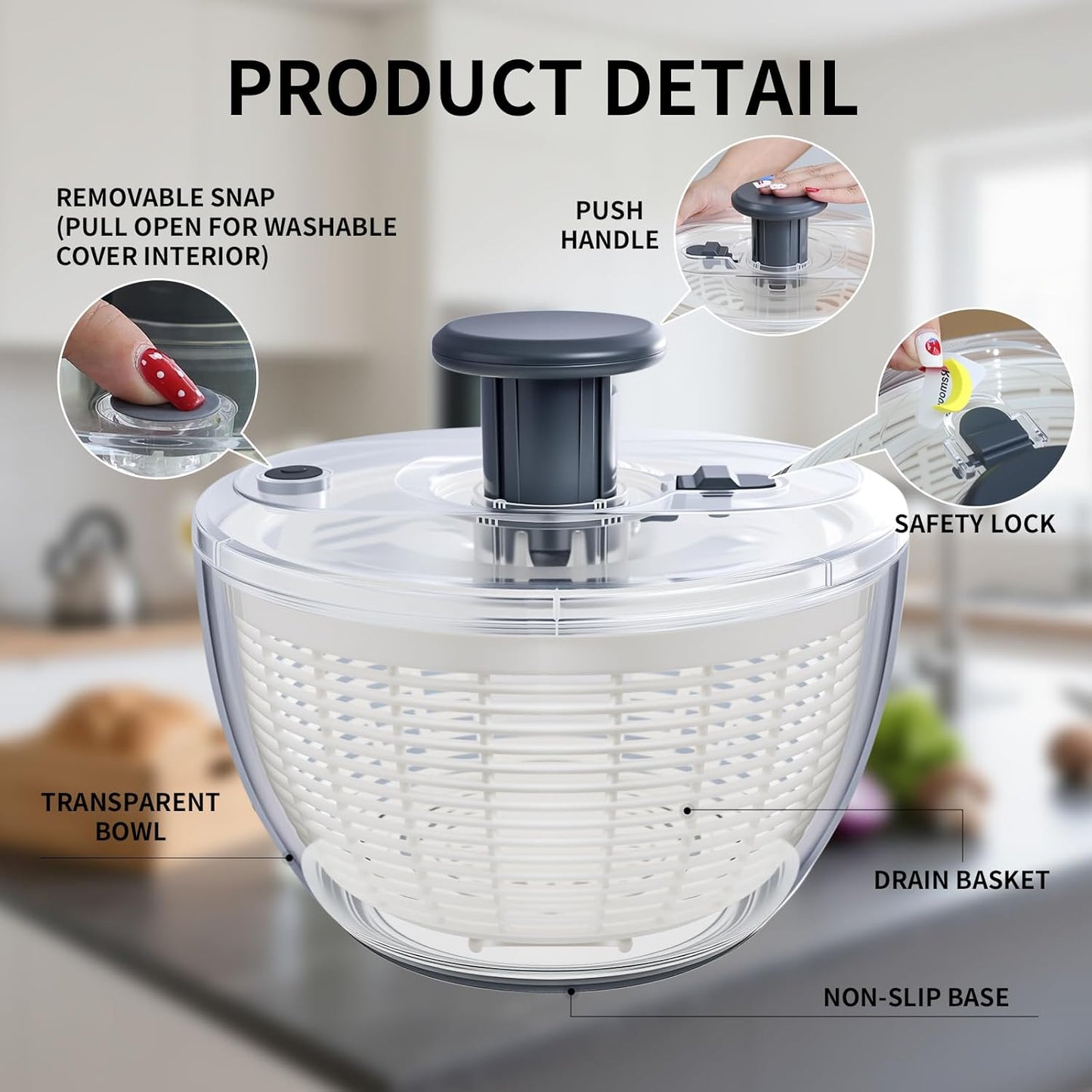 Salad Spinner Large, Fruit Washing Bowl with Strainer, Quick and Easy Use Lettuce Spinner, Fruits and Vegetables Washer, Lettuce Salad Dryer, Kitchen Essentials (4L/4.23Qt)