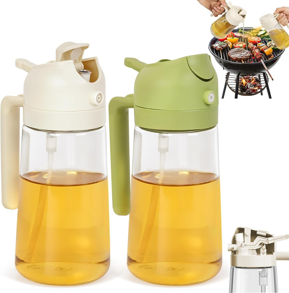 2 Pack Oil Dispenser Bottle for Kitchen, 2 in 1 Olive Oil Sprayer,16.5OZ/470ML Glass Oil Spray Bottle with Premium Nozzle for Cooking,Barbecue, Air Fryer, Salad(GREEN/WHITE)