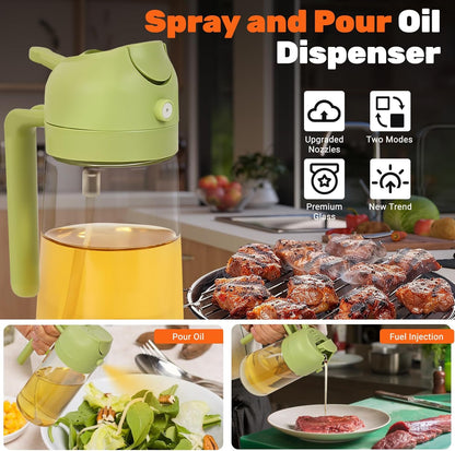 2 Pack Oil Dispenser Bottle for Kitchen, 2 in 1 Olive Oil Sprayer,16.5OZ/470ML Glass Oil Spray Bottle with Premium Nozzle for Cooking,Barbecue, Air Fryer, Salad(GREEN/WHITE)