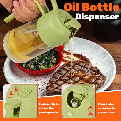 2 Pack Oil Dispenser Bottle for Kitchen, 2 in 1 Olive Oil Sprayer,16.5OZ/470ML Glass Oil Spray Bottle with Premium Nozzle for Cooking,Barbecue, Air Fryer, Salad(GREEN/WHITE)