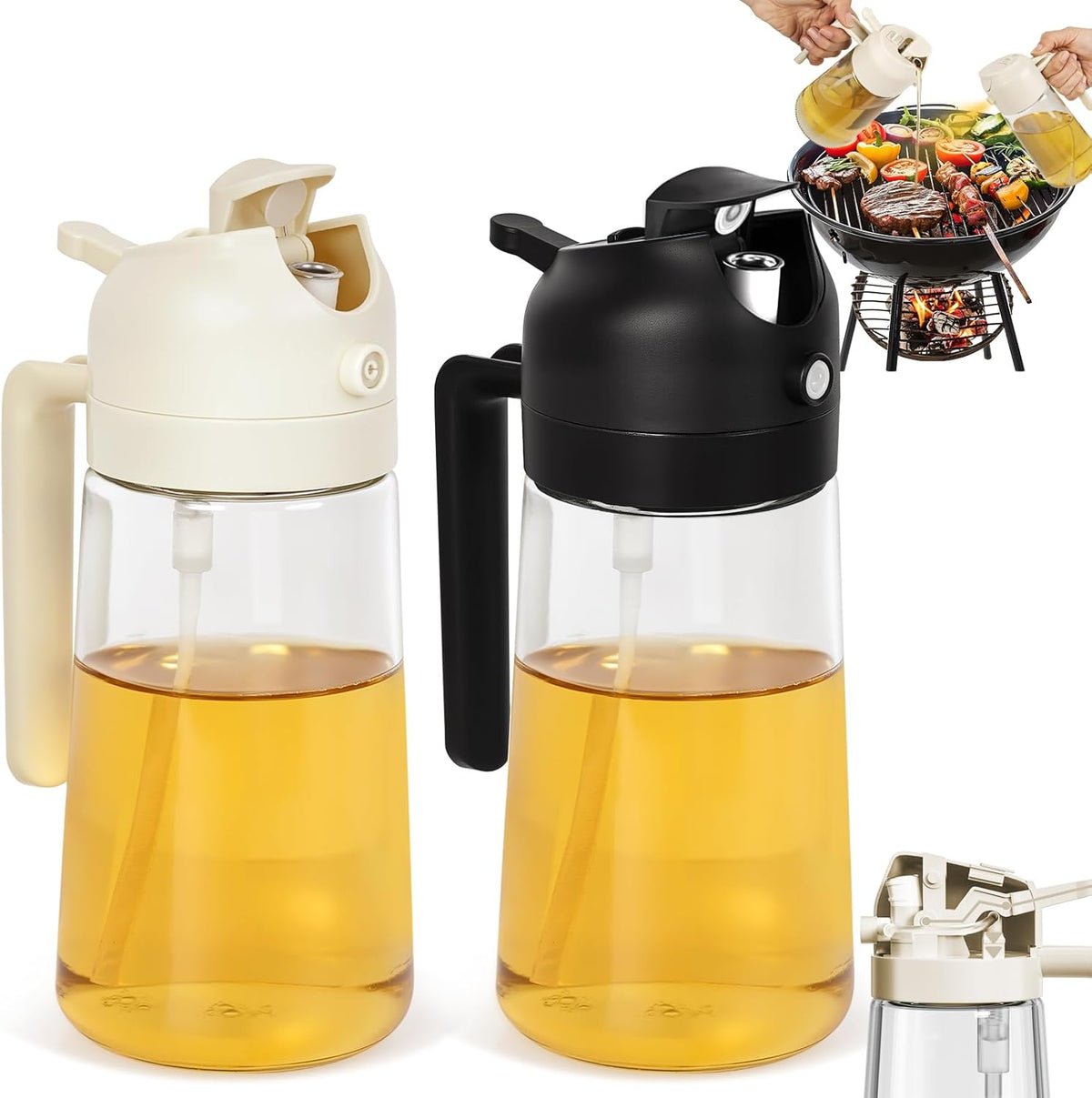 2 Pack Oil Dispenser Bottle for Kitchen, 2 in 1 Olive Oil Sprayer,16.5OZ/470ML Glass Oil Spray Bottle with Premium Nozzle for Cooking,Barbecue, Air Fryer, Salad(GREEN/WHITE)