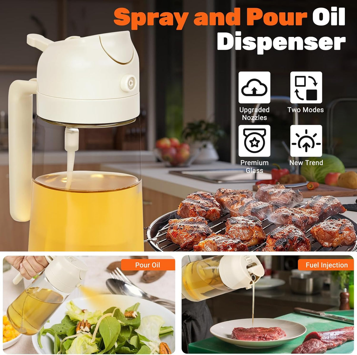 2 Pack Oil Dispenser Bottle for Kitchen, 2 in 1 Olive Oil Sprayer,16.5OZ/470ML Glass Oil Spray Bottle with Premium Nozzle for Cooking,Barbecue, Air Fryer, Salad(GREEN/WHITE)