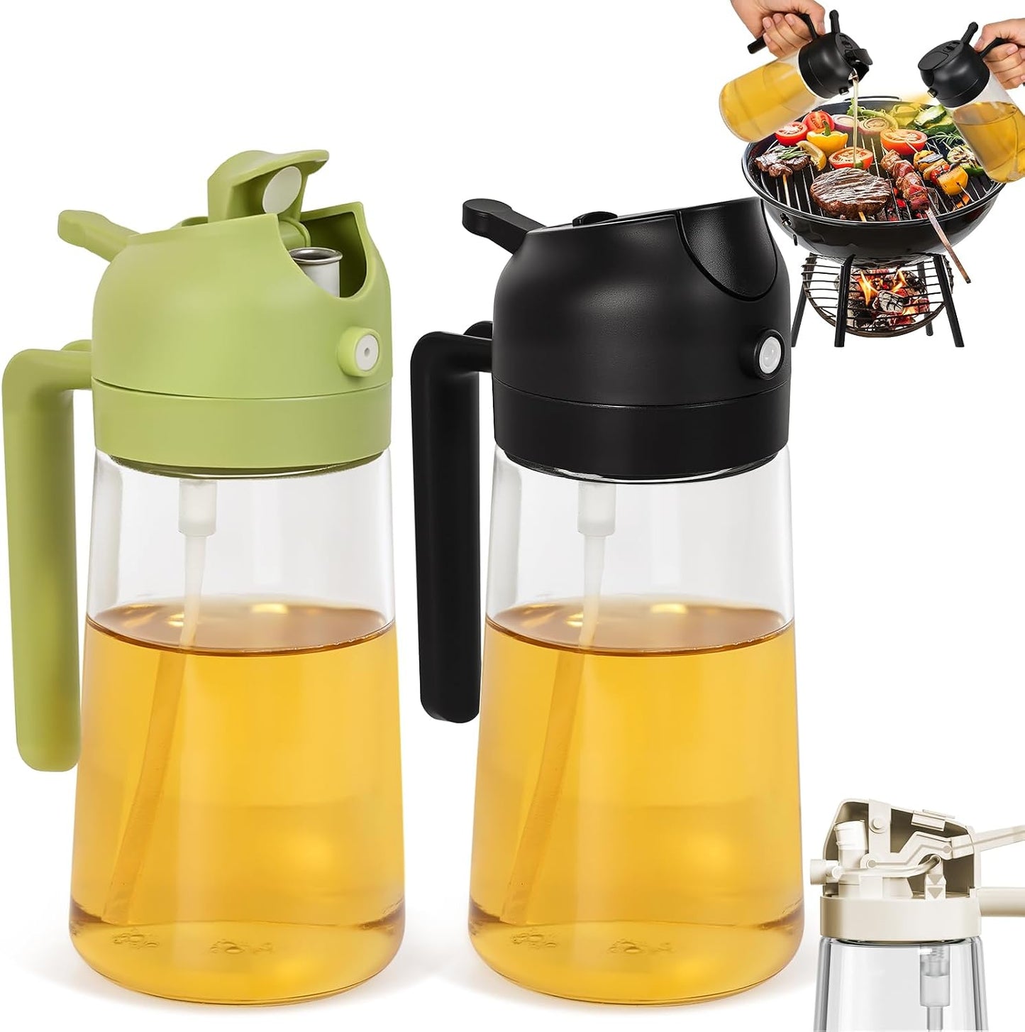 2 Pack Oil Dispenser Bottle for Kitchen, 2 in 1 Olive Oil Sprayer,16.5OZ/470ML Glass Oil Spray Bottle with Premium Nozzle for Cooking,Barbecue, Air Fryer, Salad(GREEN/WHITE)