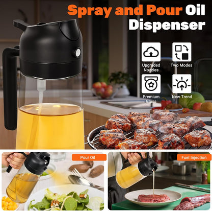2 Pack Oil Dispenser Bottle for Kitchen, 2 in 1 Olive Oil Sprayer,16.5OZ/470ML Glass Oil Spray Bottle with Premium Nozzle for Cooking,Barbecue, Air Fryer, Salad(GREEN/WHITE)