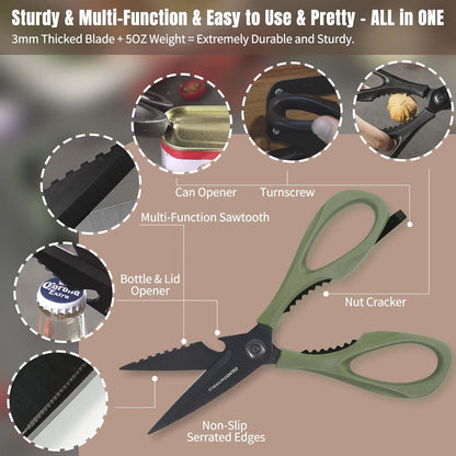 Kitchen Scissors All Purpose, Extra Sharp Kitchen Shears with Knife Sharpener & Sheath, Solid & Durable Stainless Steel Scissors with ANTI-RUST Black Titanium Plated, Dishwasher Safe - Green