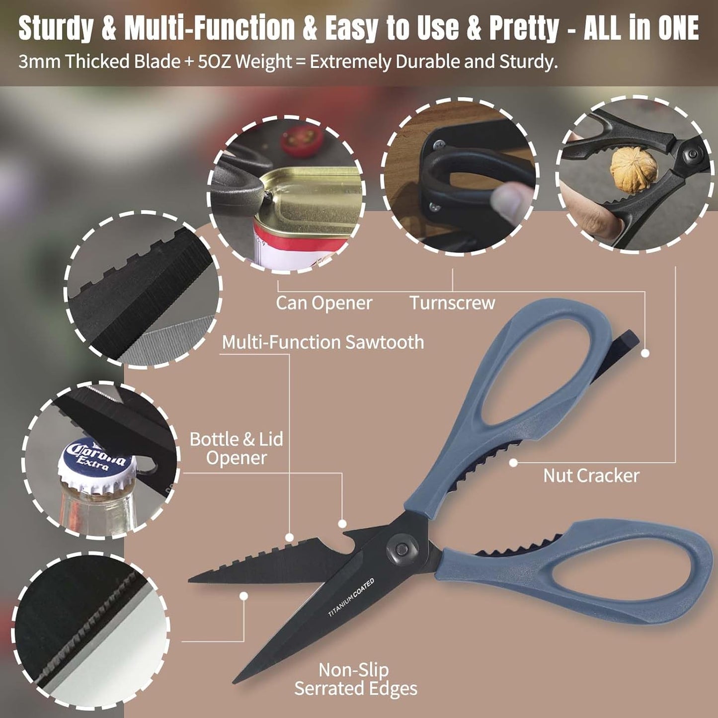 Kitchen Scissors All Purpose, Extra Sharp Kitchen Shears with Knife Sharpener & Sheath, Solid & Durable Stainless Steel Scissors with ANTI-RUST Black Titanium Plated, Dishwasher Safe - Green