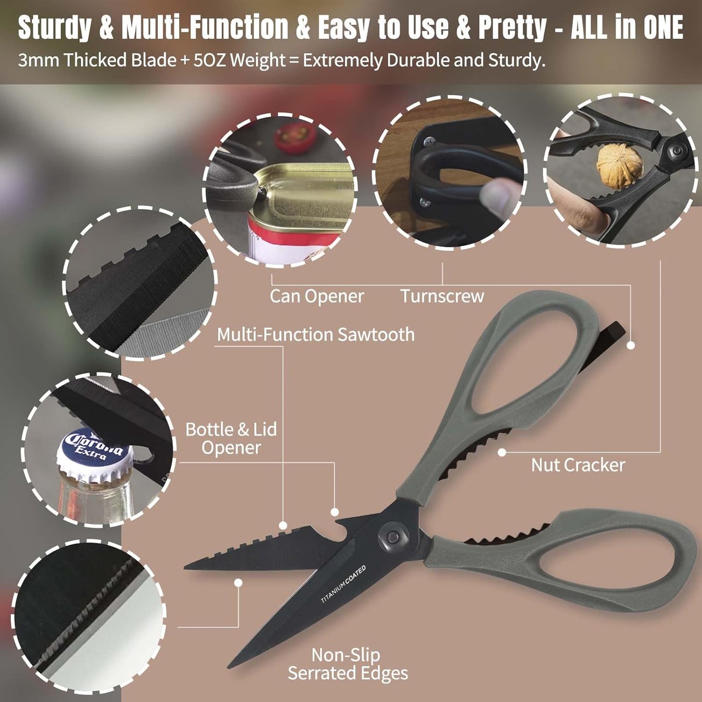 Kitchen Scissors All Purpose, Extra Sharp Kitchen Shears with Knife Sharpener & Sheath, Solid & Durable Stainless Steel Scissors with ANTI-RUST Black Titanium Plated, Dishwasher Safe - Green