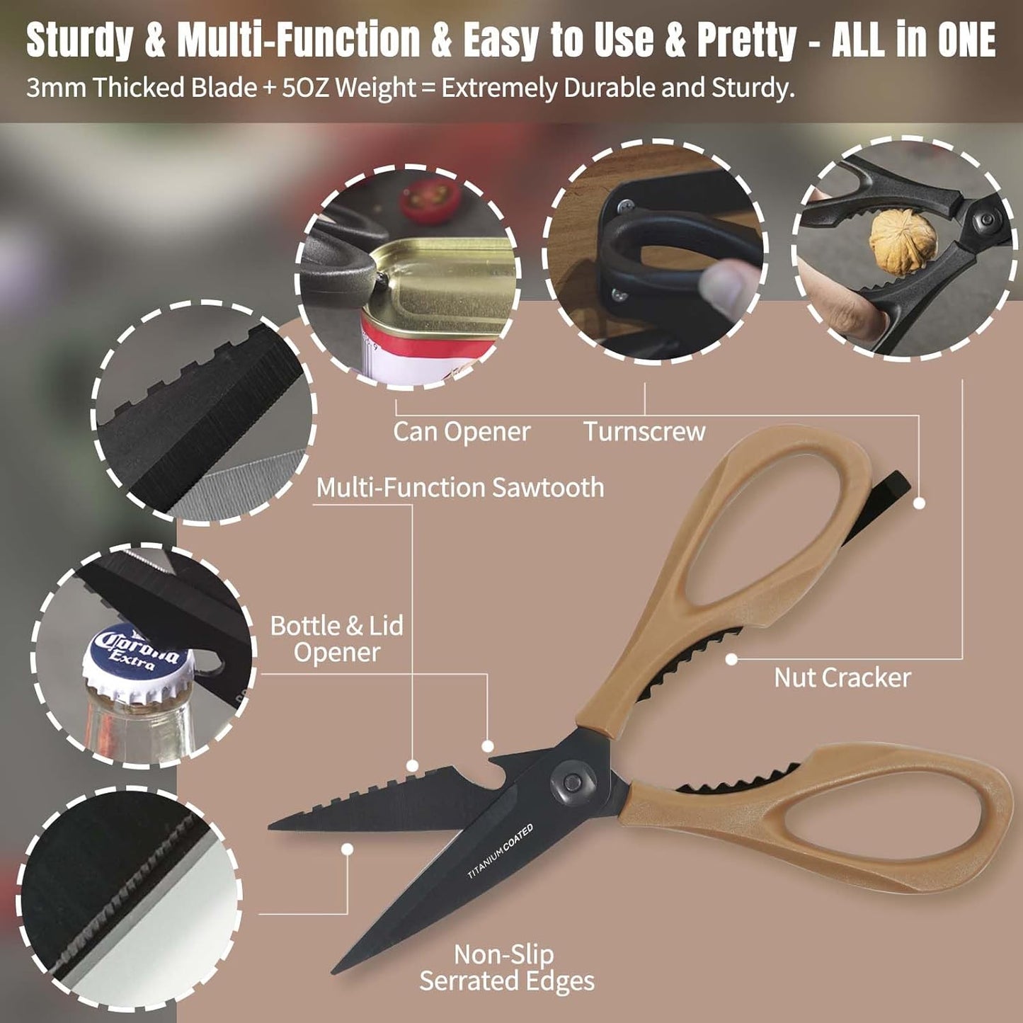 Kitchen Scissors All Purpose, Extra Sharp Kitchen Shears with Knife Sharpener & Sheath, Solid & Durable Stainless Steel Scissors with ANTI-RUST Black Titanium Plated, Dishwasher Safe - Green