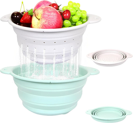 Collapsible Silicone Colander Basin Set, Thickened Strainer bowl, for Kitchen, RV, Camping, Draining Pasta, Washing Fruit, Vegetable