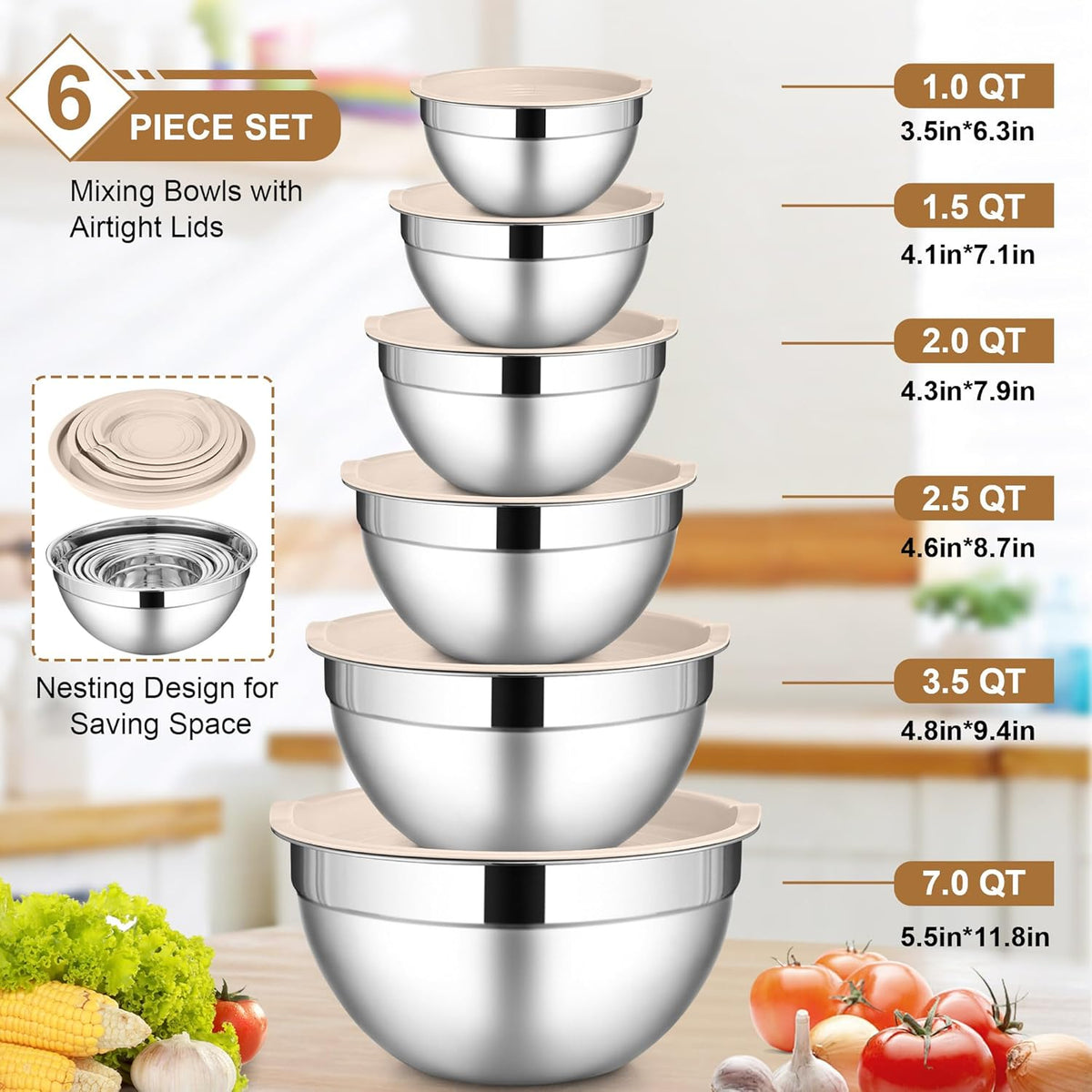 6 PCS Mixing Bowls with Lid Set, Size 7 & 3.5 & 2.5 & 2 & 1.5 & 1QT