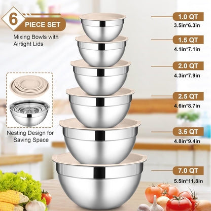6 PCS Mixing Bowls with Lid Set, Size 7 & 3.5 & 2.5 & 2 & 1.5 & 1QT