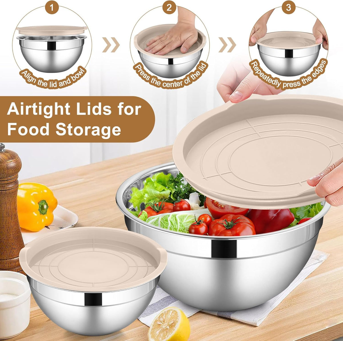 6 PCS Mixing Bowls with Lid Set, Size 7 & 3.5 & 2.5 & 2 & 1.5 & 1QT