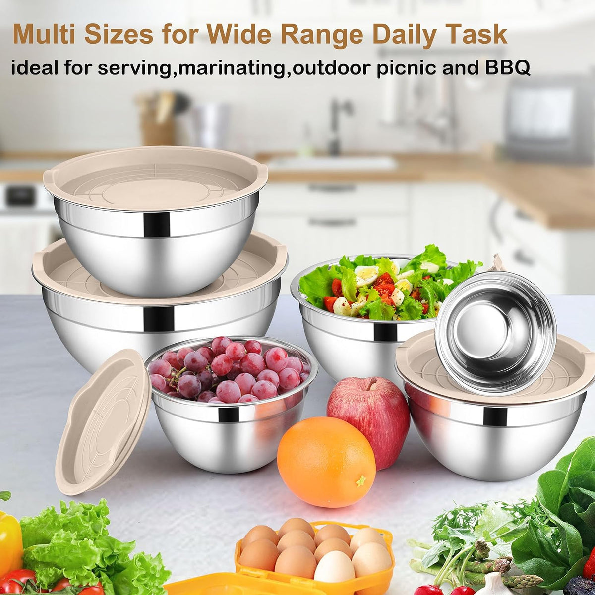 6 PCS Mixing Bowls with Lid Set, Size 7 & 3.5 & 2.5 & 2 & 1.5 & 1QT