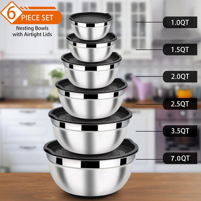 6 PCS Mixing Bowls with Lid Set, Size 7 & 3.5 & 2.5 & 2 & 1.5 & 1QT