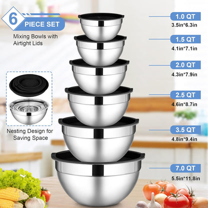 6 PCS Mixing Bowls with Lid Set, Size 7 & 3.5 & 2.5 & 2 & 1.5 & 1QT