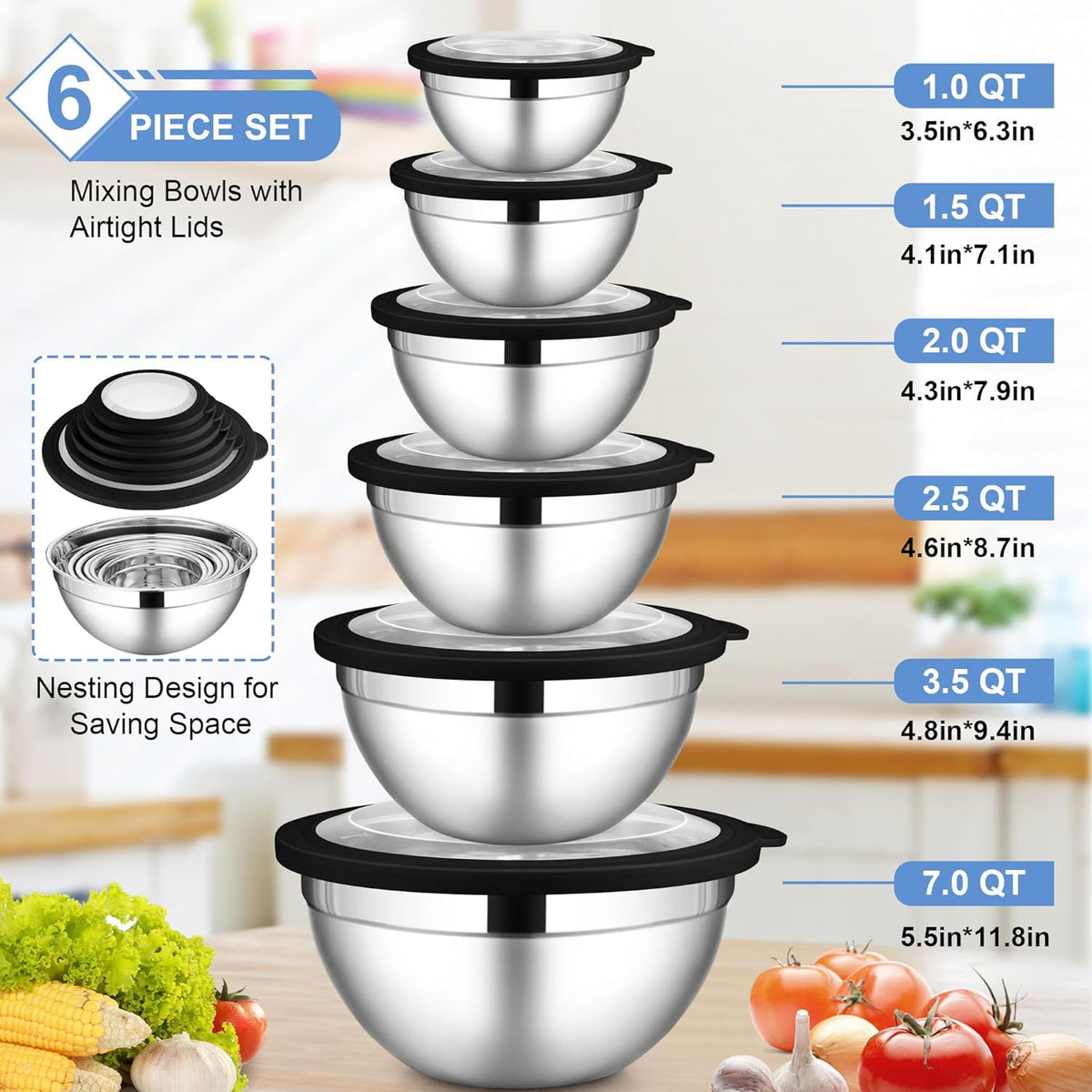 6 PCS Mixing Bowls with Lid Set, Size 7 & 3.5 & 2.5 & 2 & 1.5 & 1QT