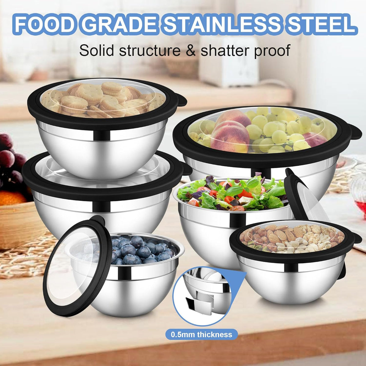 6 PCS Mixing Bowls with Lid Set, Size 7 & 3.5 & 2.5 & 2 & 1.5 & 1QT