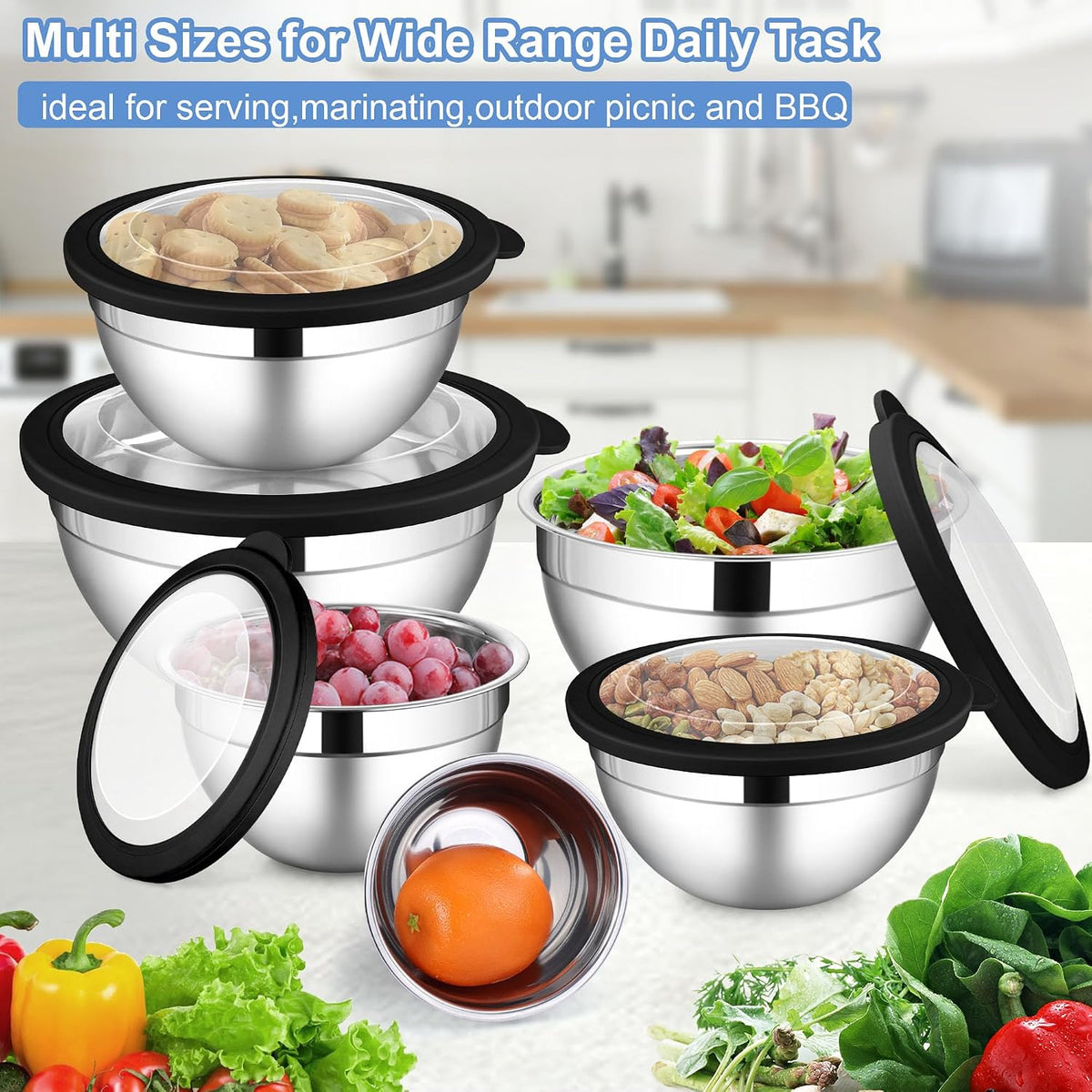6 PCS Mixing Bowls with Lid Set, Size 7 & 3.5 & 2.5 & 2 & 1.5 & 1QT