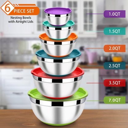 6 PCS Mixing Bowls with Lid Set, Size 7 & 3.5 & 2.5 & 2 & 1.5 & 1QT