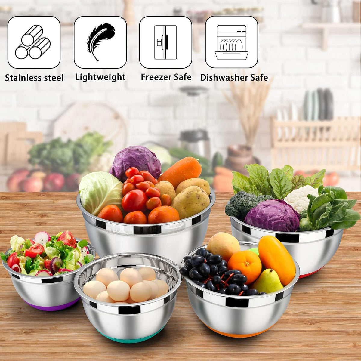 6 PCS Mixing Bowls with Lid Set, Size 7 & 3.5 & 2.5 & 2 & 1.5 & 1QT