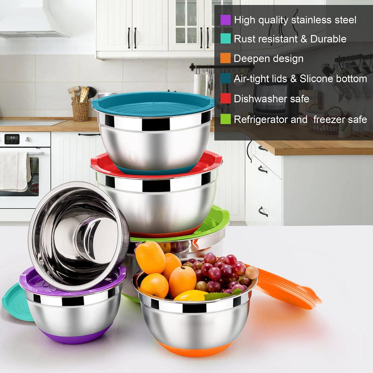 6 PCS Mixing Bowls with Lid Set, Size 7 & 3.5 & 2.5 & 2 & 1.5 & 1QT