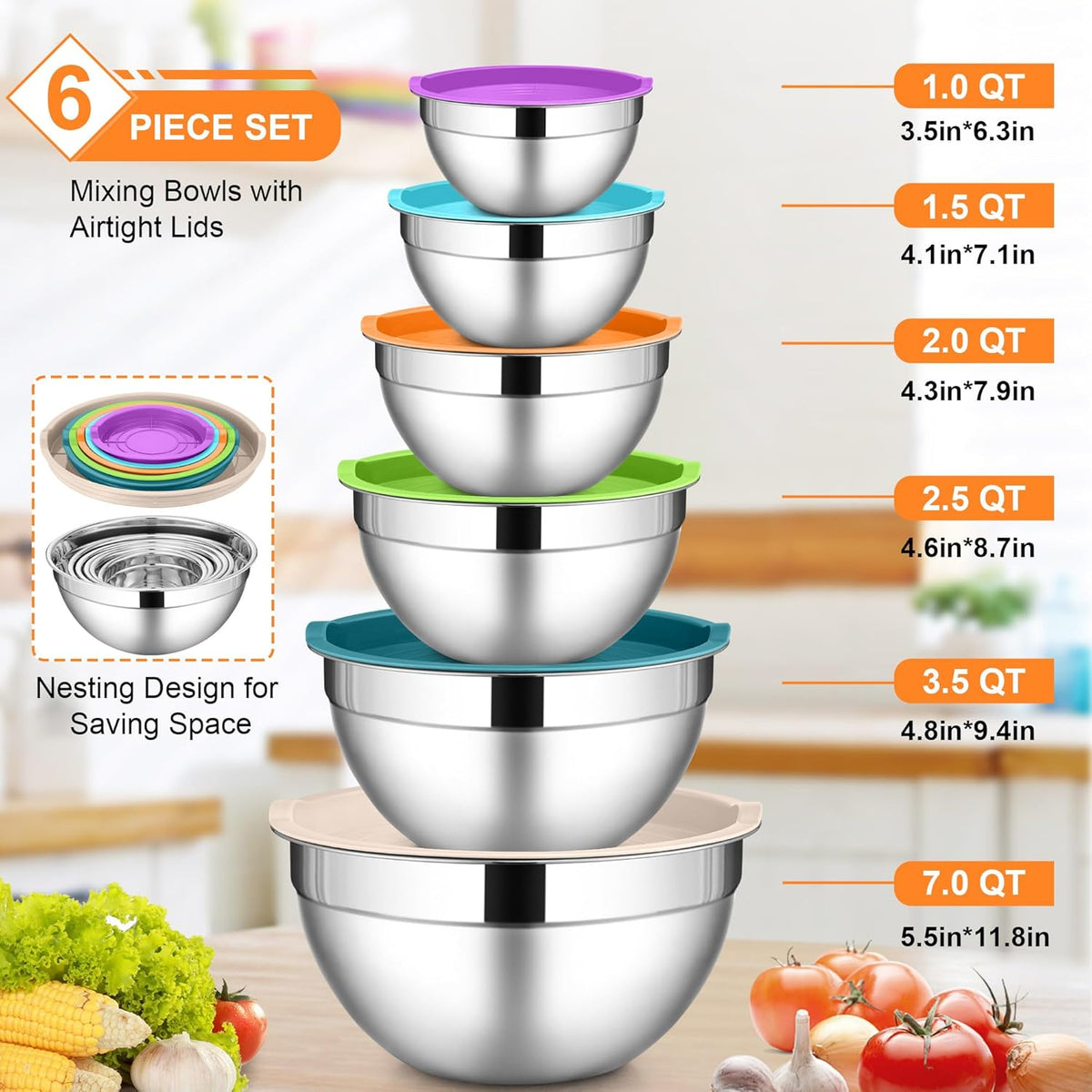 6 PCS Mixing Bowls with Lid Set, Size 7 & 3.5 & 2.5 & 2 & 1.5 & 1QT