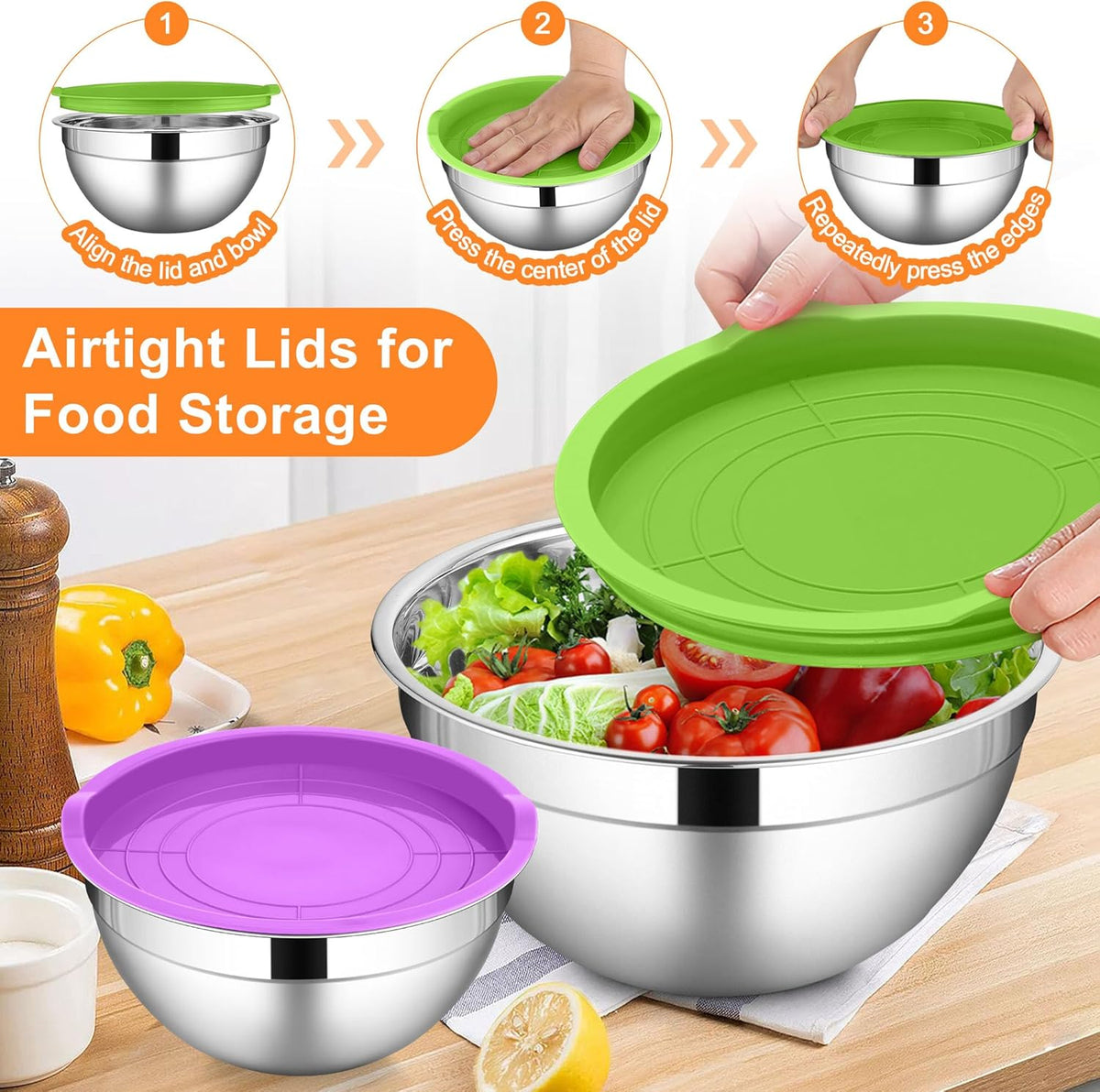 6 PCS Mixing Bowls with Lid Set, Size 7 & 3.5 & 2.5 & 2 & 1.5 & 1QT