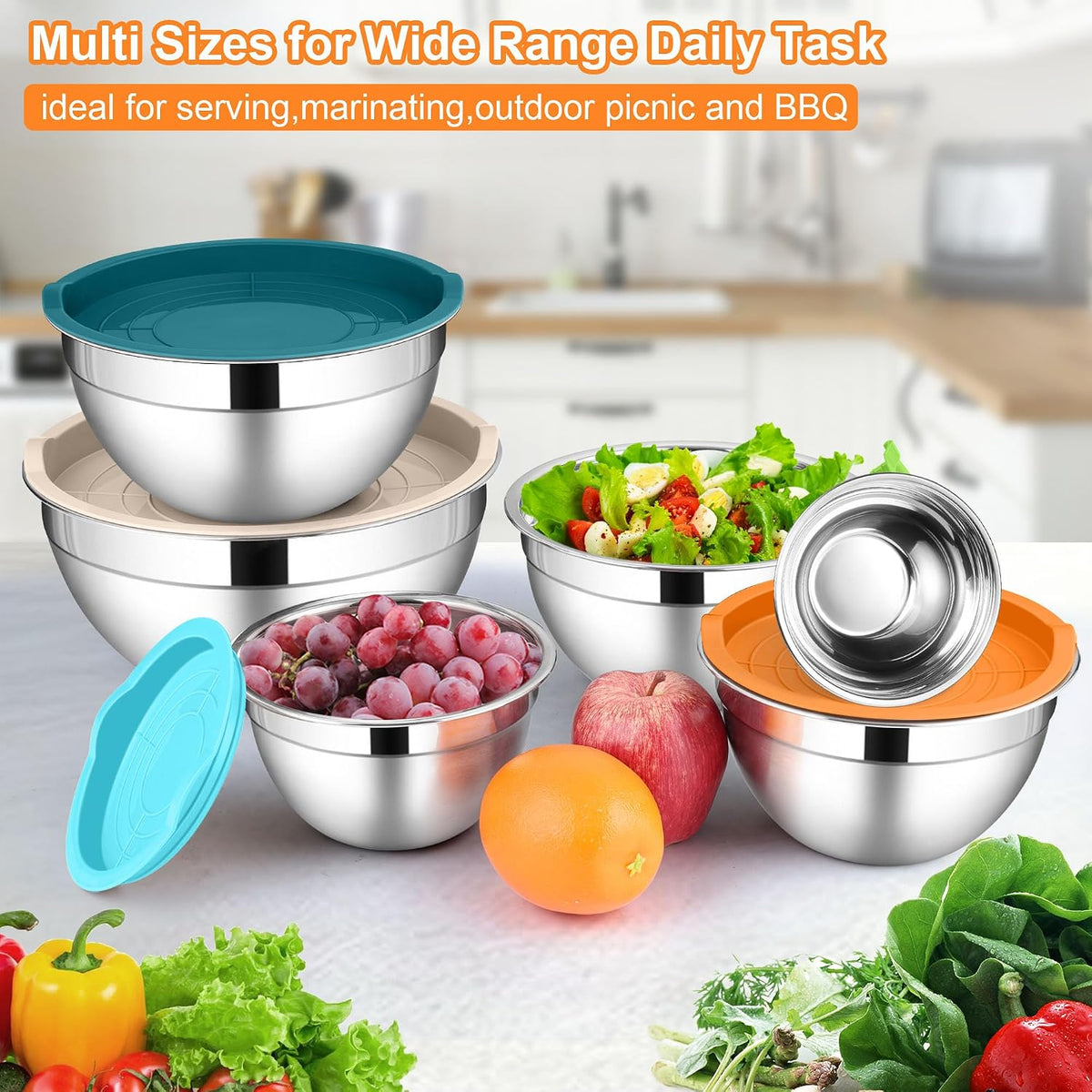 6 PCS Mixing Bowls with Lid Set, Size 7 & 3.5 & 2.5 & 2 & 1.5 & 1QT