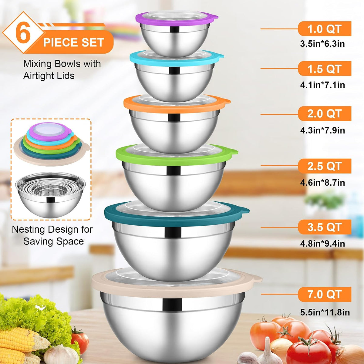 6 PCS Mixing Bowls with Lid Set, Size 7 & 3.5 & 2.5 & 2 & 1.5 & 1QT
