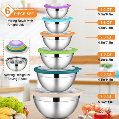 6 PCS Mixing Bowls with Lid Set, Size 7 & 3.5 & 2.5 & 2 & 1.5 & 1QT