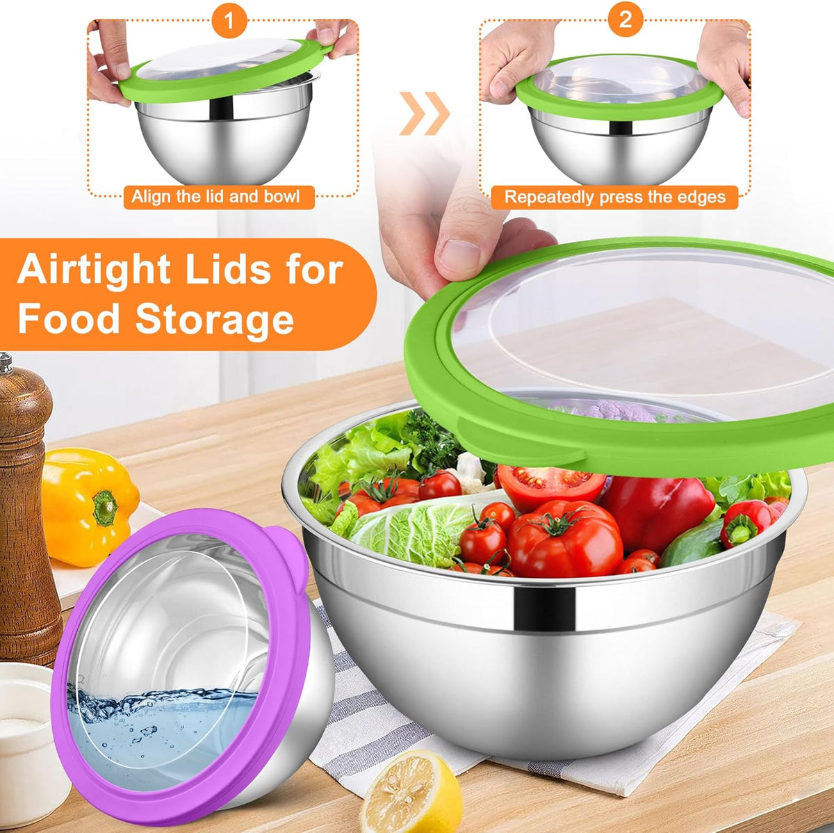 6 PCS Mixing Bowls with Lid Set, Size 7 & 3.5 & 2.5 & 2 & 1.5 & 1QT
