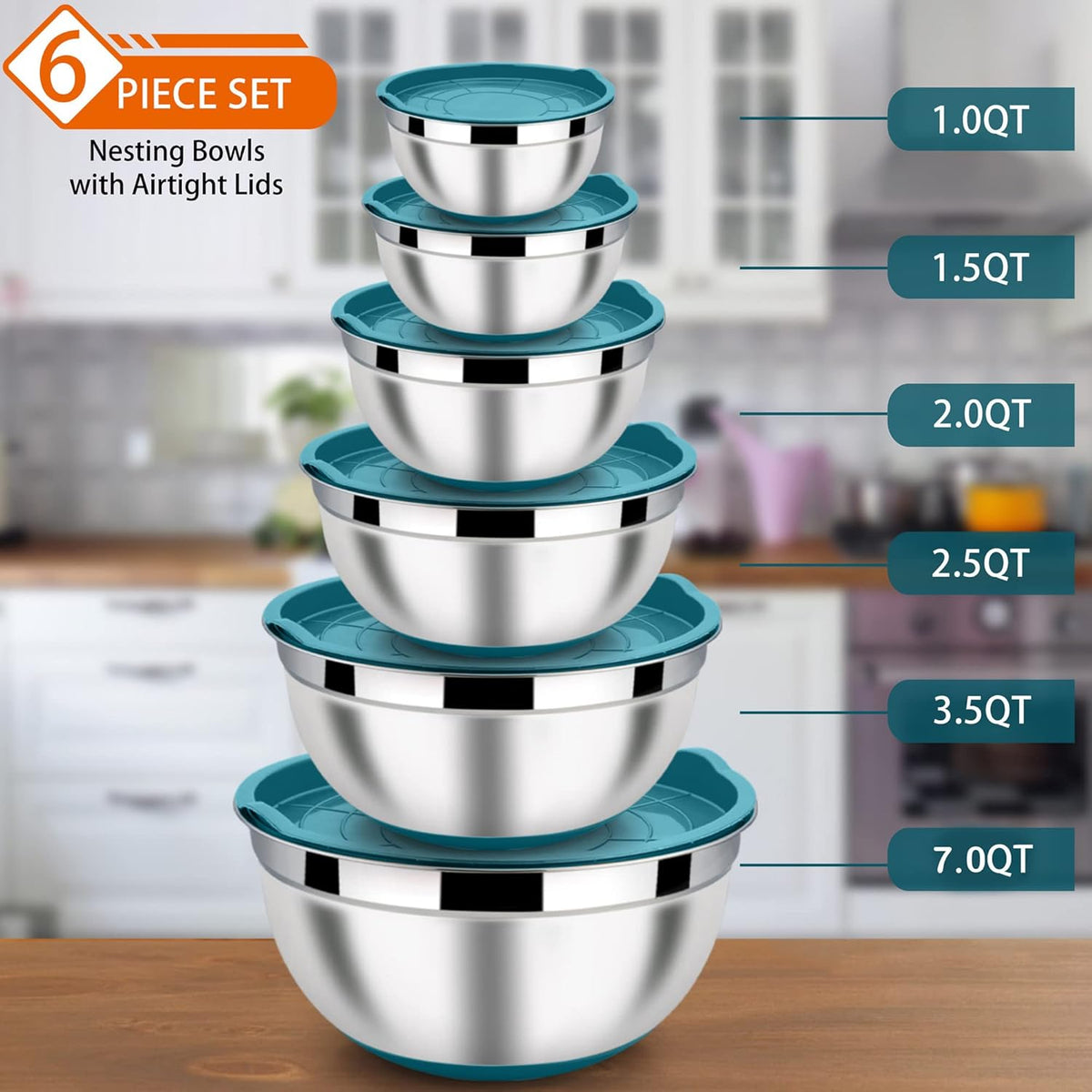 6 PCS Mixing Bowls with Lid Set, Size 7 & 3.5 & 2.5 & 2 & 1.5 & 1QT