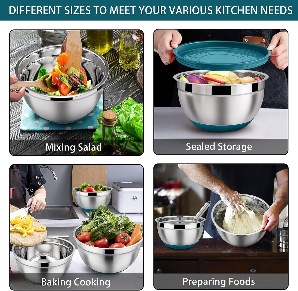 6 PCS Mixing Bowls with Lid Set, Size 7 & 3.5 & 2.5 & 2 & 1.5 & 1QT