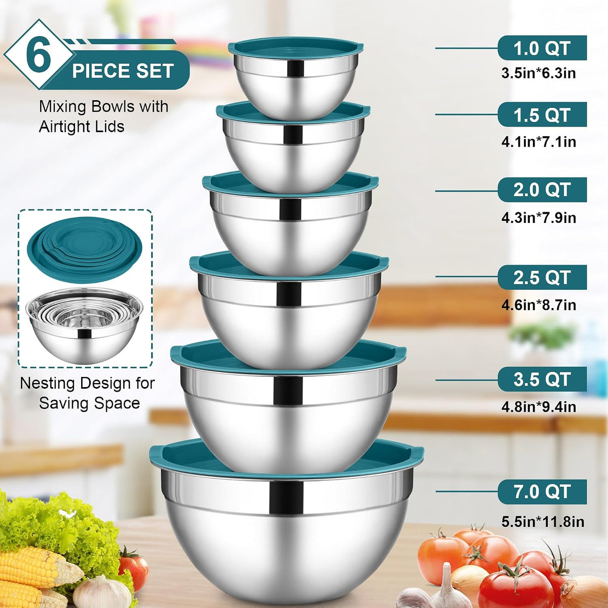 6 PCS Mixing Bowls with Lid Set, Size 7 & 3.5 & 2.5 & 2 & 1.5 & 1QT