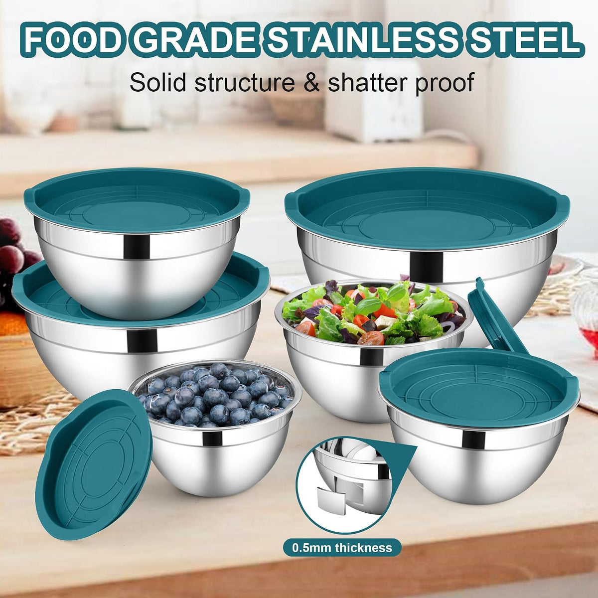 6 PCS Mixing Bowls with Lid Set, Size 7 & 3.5 & 2.5 & 2 & 1.5 & 1QT